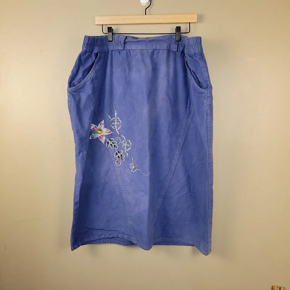 Vintage Carolina Bay Plus 3X 2 Pc‎ Blue Embroidered Skirt Set Cotton Floral